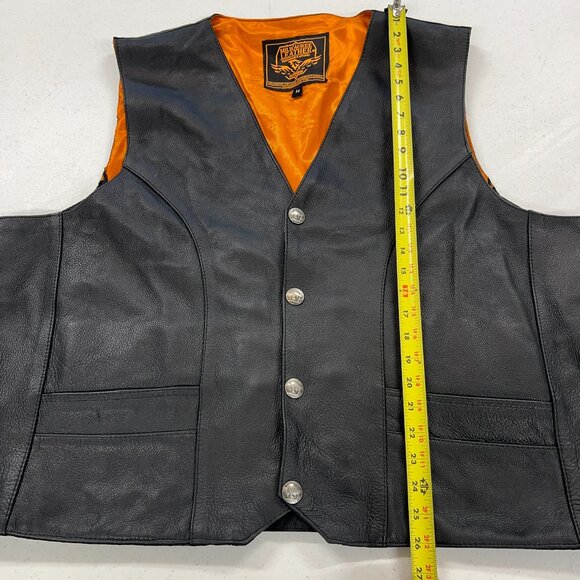 Milwaukee Mens 54 Black Premium Leather Biker Riding Vest Orange Lined V-Neck 3X - Picture 2 of 11